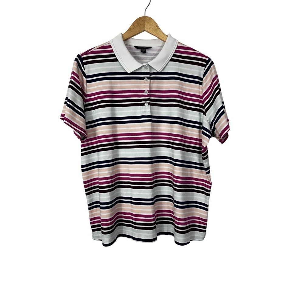 Lands End Polo Shirt Womens 16-18W Striped Classic Fit Pima Cotton Short Sleeve